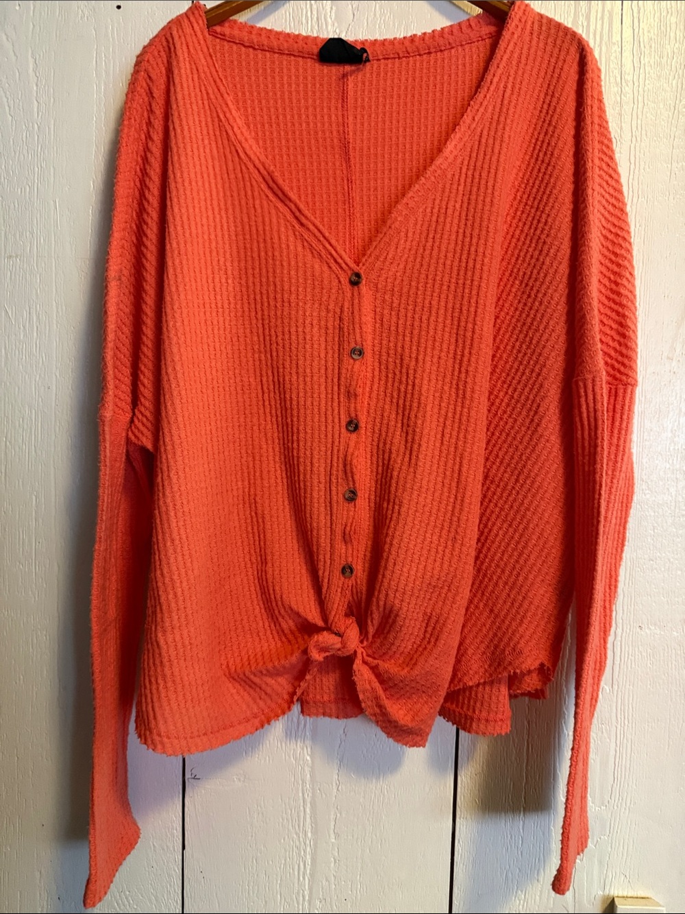 Urban Outfitters Orange V‑Neck Button Front Waffle Knit Top